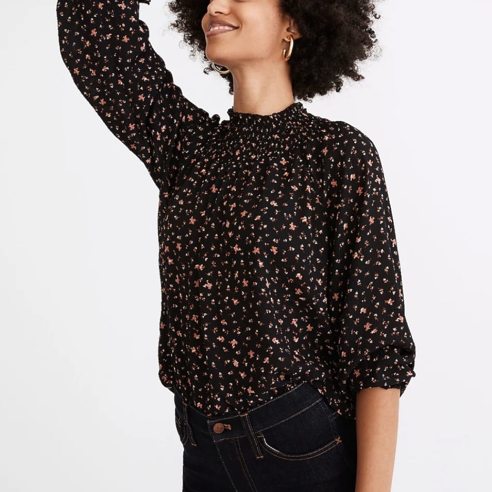 Madewell Smocked-Neck Ruffle Top in Stem Scatter
